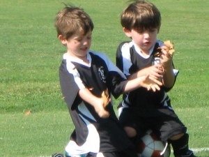 Brayson, left, and Dylan, right, compete in the traditional soccer ritual of fighting over a tree branch.